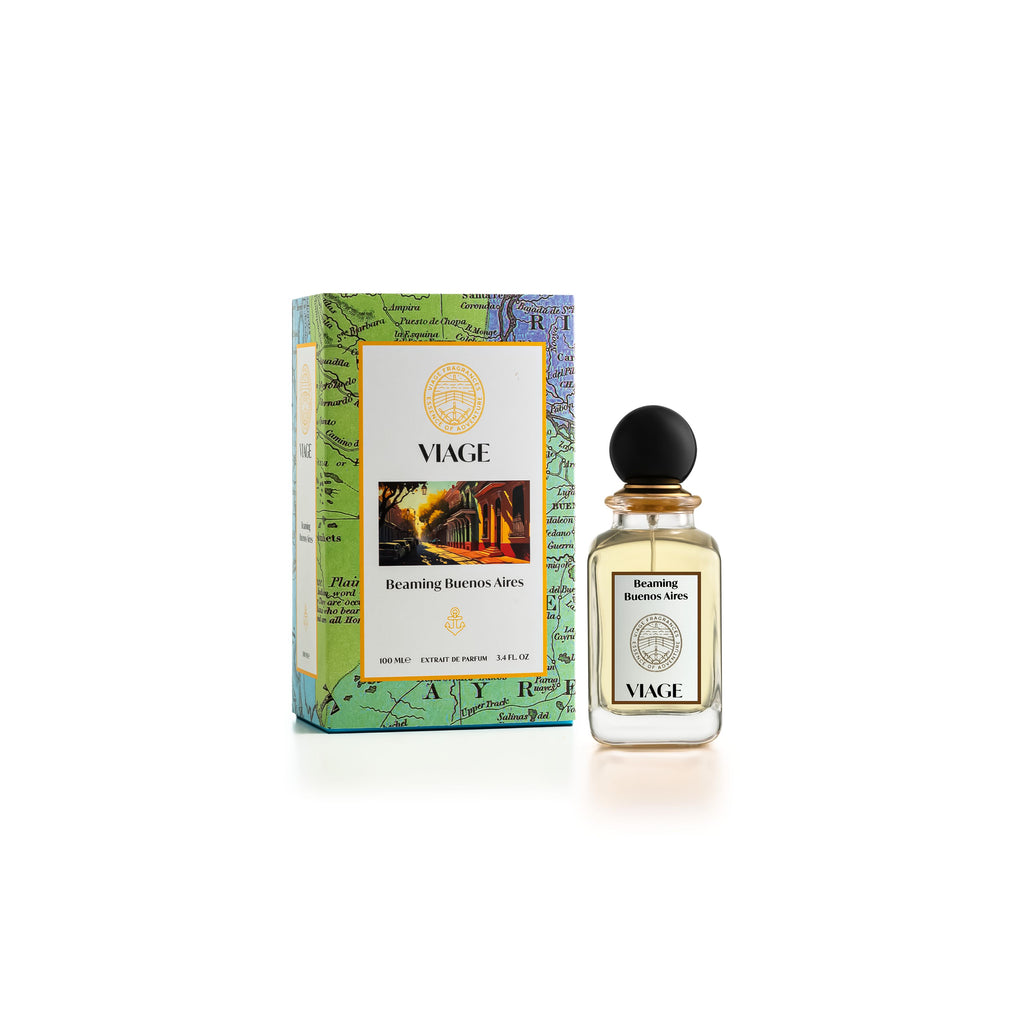 Viage Beaming Buenos Aires Extrait de Parfum 100 ml – Flakon neben grüner Geschenkbox mit Landkarte und Strassenmotiv