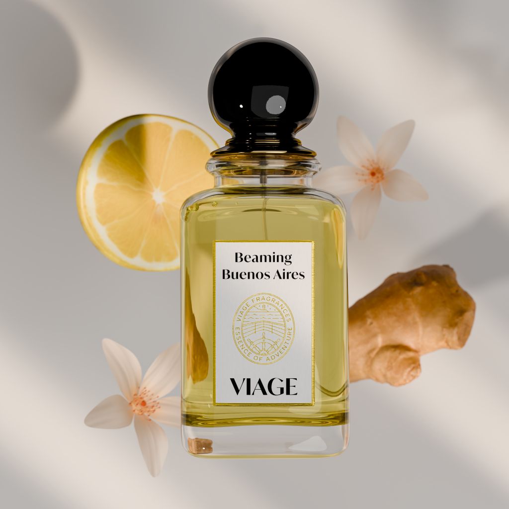 Viage Beaming Buenos Aires Extrait de Parfum 100 ml – Flakon mit Zitronenscheibe, weissen Blüten und Ingwer auf hellgrauem Hintergrund