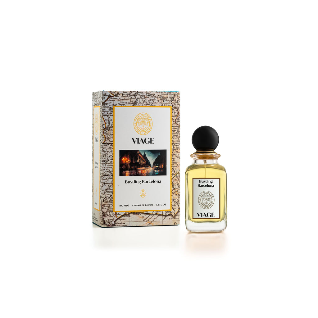 Viage Bustling Barcelona Extrait de Parfum 100 ml – Flakon neben Geschenkbox mit beiger Landkarte und nächtlichem Strassenmotiv