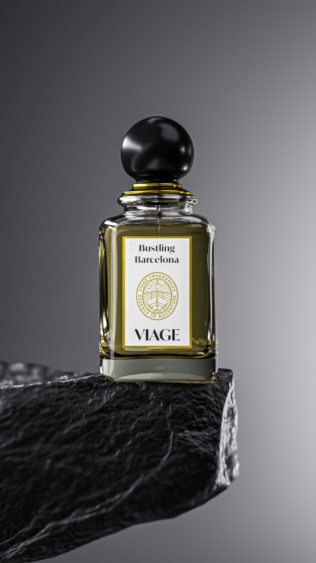 Viage Bustling Barcelona Extrait de Parfum 100 ml – Flakon auf schwarzem Felsen vor grauem Verlaufshintergrund