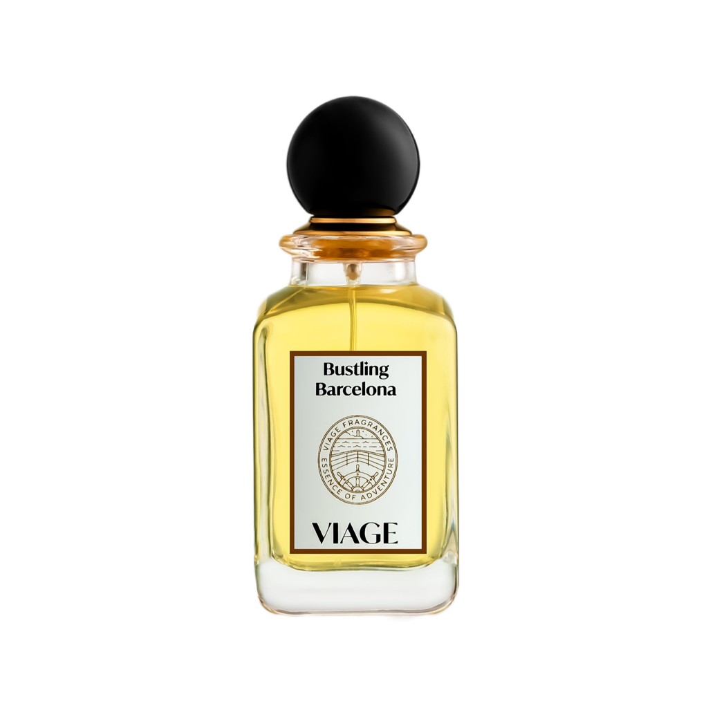 Viage Bustling Barcelona Extrait de Parfum 100 ml – Klarer Flakon, goldgelber Duft, schwarze Kugelkappe, weisses Etikett, weisser Hintergrund