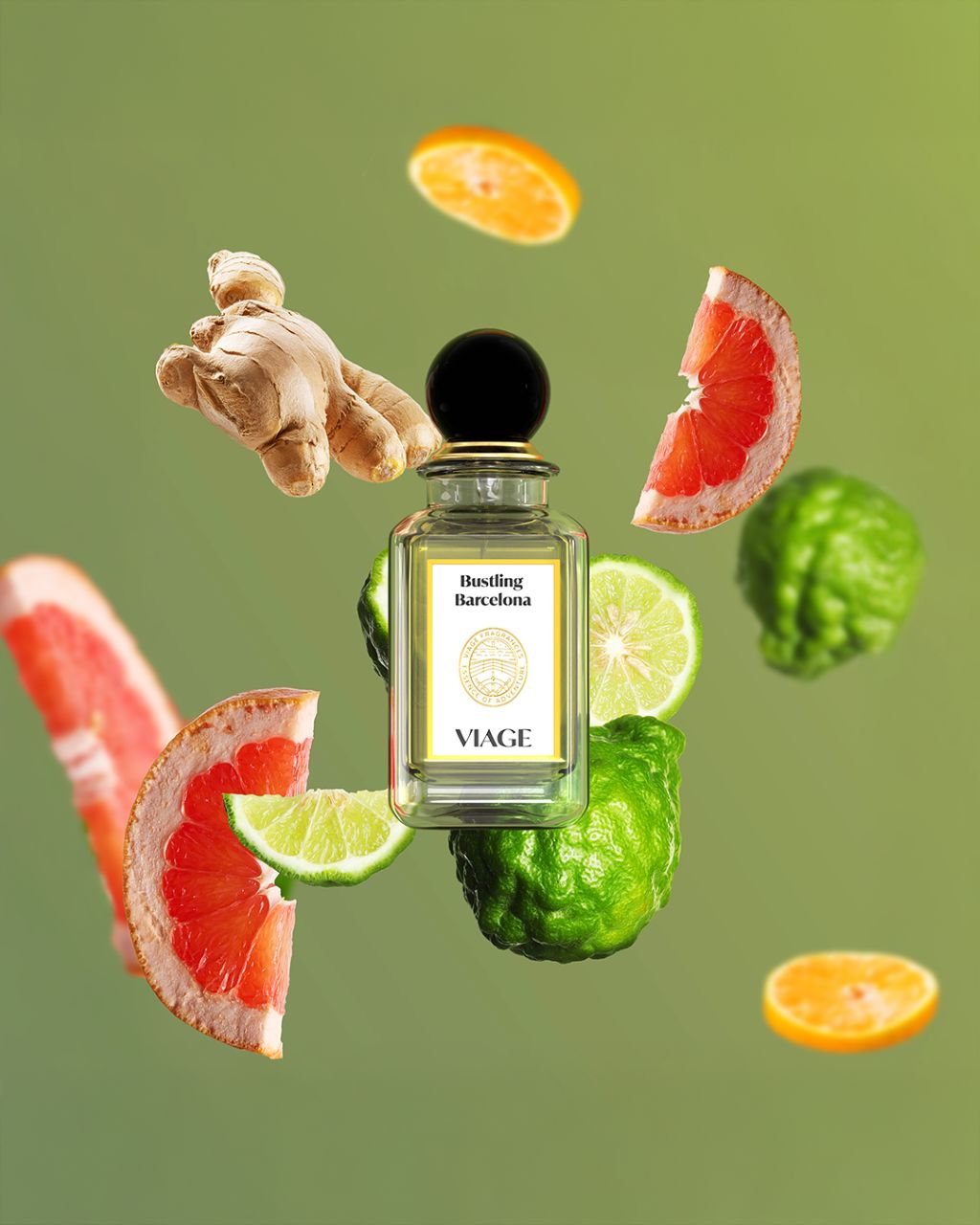 Viage Bustling Barcelona Extrait de Parfum 100 ml – Flakon mit Grapefruit, Limette, Bergamotte, Orange und Ingwer vor grünem Hintergrund