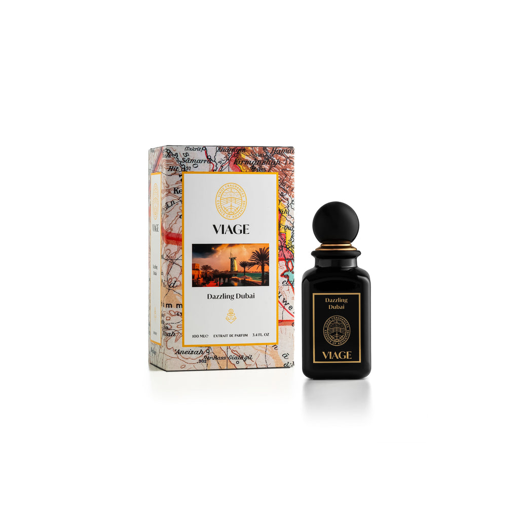 Viage Dazzling Dubai Extrait de Parfum 100 ml – Schwarzer Flakon neben Geschenkbox mit bunter Landkarte und Wüstenstadt-Motiv