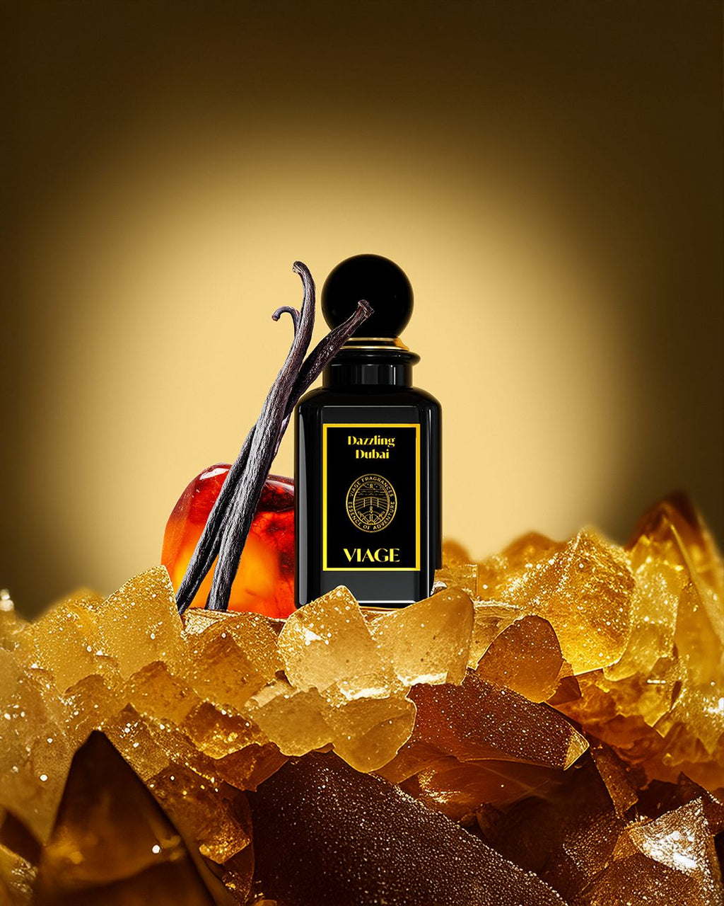 Viage Dazzling Dubai Extrait de Parfum 100 ml – Schwarzer Flakon mit Vanilleschoten und Bernstein auf goldgelben Kristallen