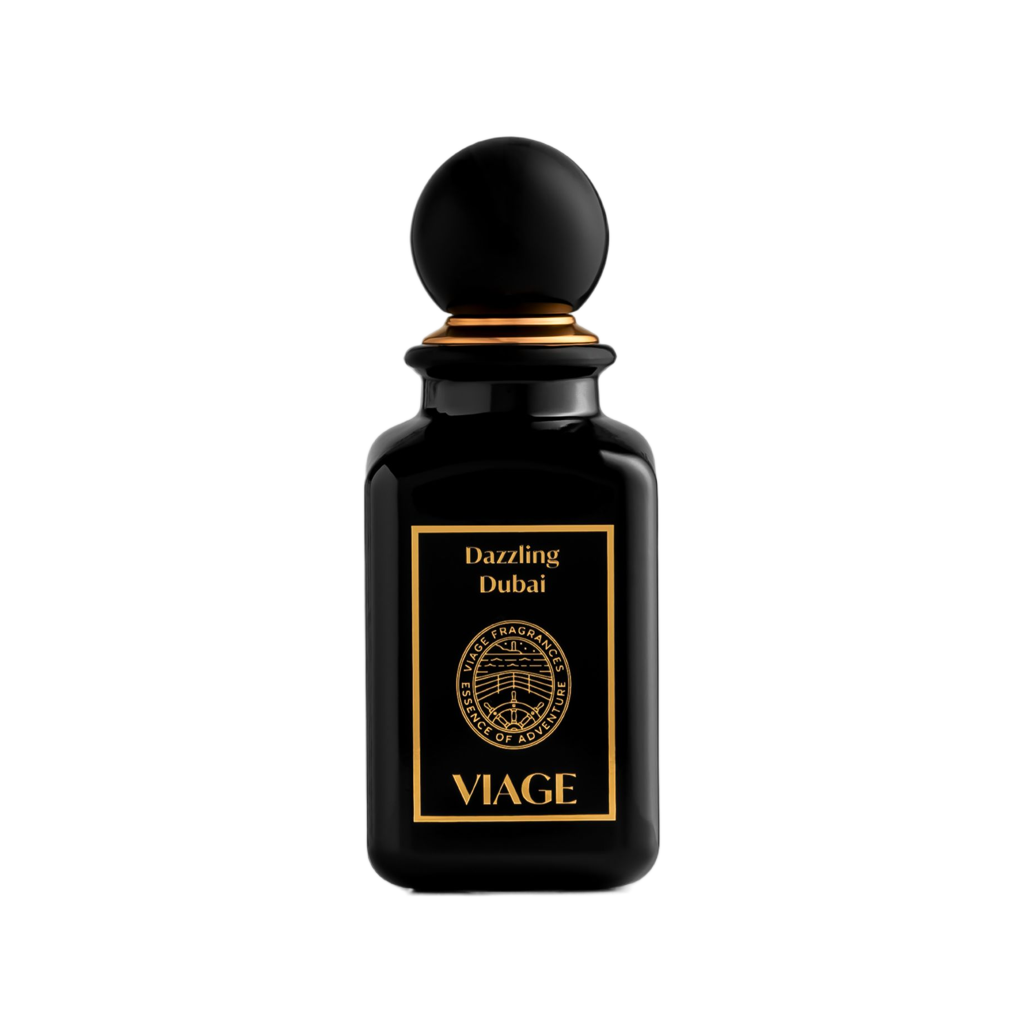 Viage Dazzling Dubai Extrait de Parfum 100 ml – Schwarzer Flakon mit schwarzer Kugelkappe, schwarzem Etikett und goldener Schrift auf Weiss