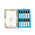 Viage Discovery Set 10 × 5 ml – Zehn Probierfläschchen in geöffneter türkisblauer Box mit Landkarten-Deckel