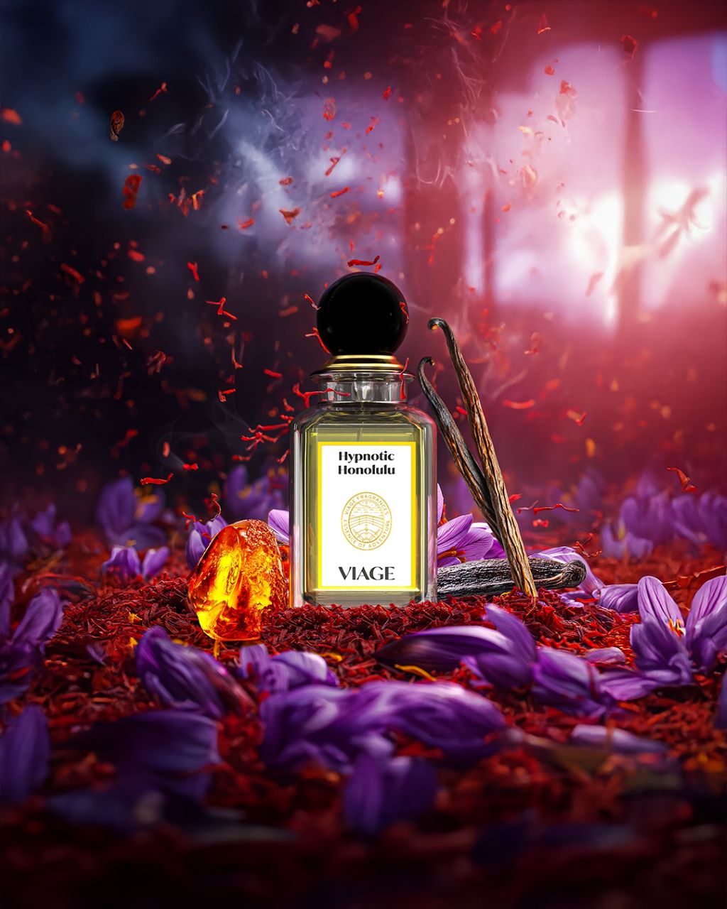 Viage Hypnotic Honolulu Extrait de Parfum 100 ml – Flakon mit Safranfäden, violetten Krokusblüten, Bernstein und Vanille in rotem Licht
