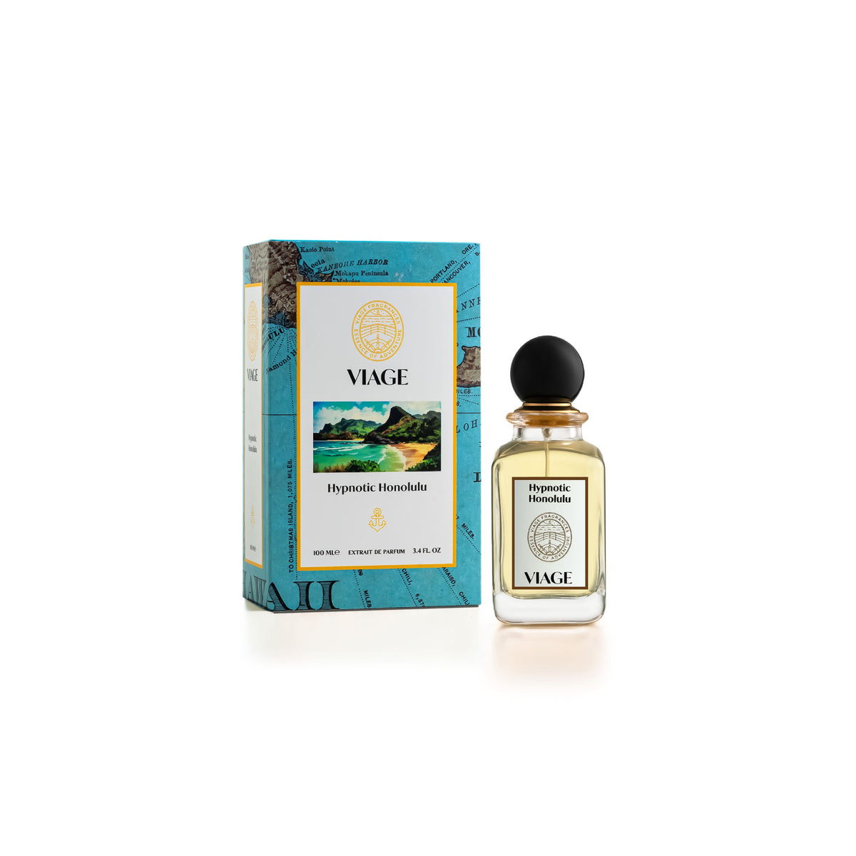 Viage Hypnotic Honolulu Extrait de Parfum 100 ml – Flakon neben türkisblauer Geschenkbox mit Landkarte und Küstenmotiv