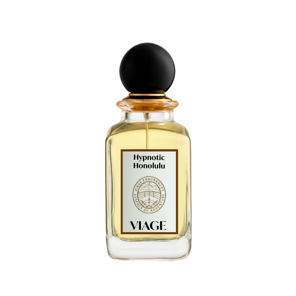 Viage Hypnotic Honolulu Extrait de Parfum 100 ml – Klarer Flakon, hellgoldener Duft, schwarze Kugelkappe, weisses Etikett, weisser Hintergrund