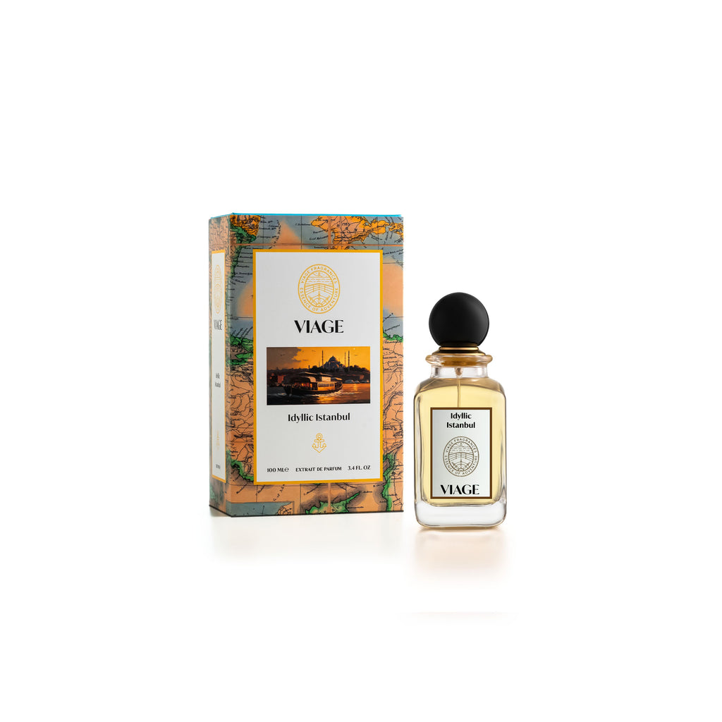 Viage Idyllic Istanbul Extrait de Parfum 100 ml – Flakon neben orange-türkiser Geschenkbox mit Landkarte und Moschee-Motiv