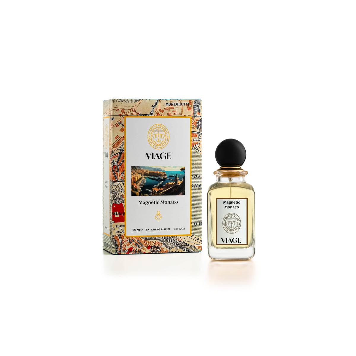 Viage Magnetic Monaco Extrait de Parfum 100 ml – Flakon neben Geschenkbox mit farbigem Stadtplan und Hafenmotiv
