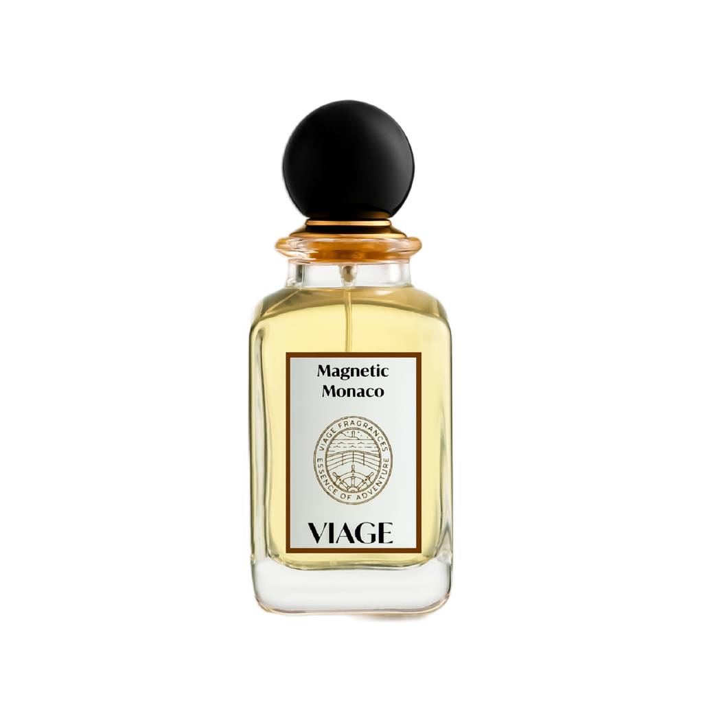 Viage Magnetic Monaco Extrait de Parfum 100 ml – Klarer Flakon, hellgoldener Duft, schwarze Kugelkappe, weisses Etikett, weisser Hintergrund