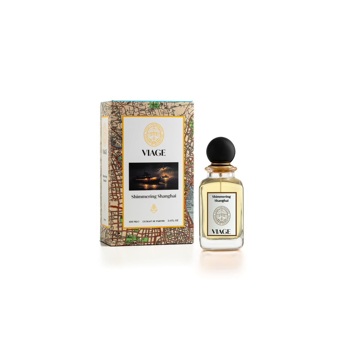 Viage Shimmering Shanghai Extrait de Parfum 100 ml – Flakon neben Geschenkbox mit Stadtplan und nächtlichem Hafenmotiv