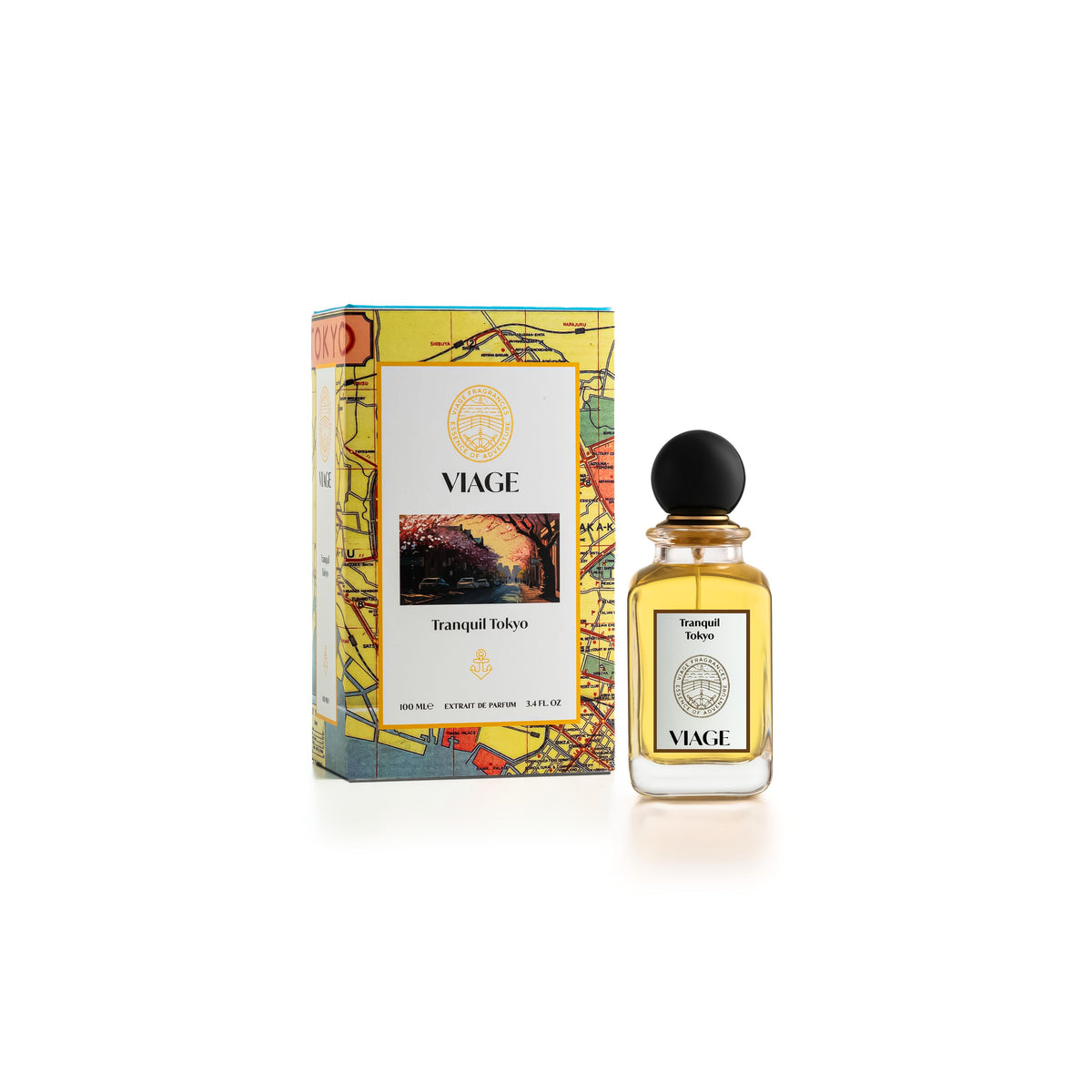 Viage Tranquil Tokyo Extrait de Parfum 100 ml – Flakon neben gelber Geschenkbox mit Stadtplan und Kirschblüten-Motiv
