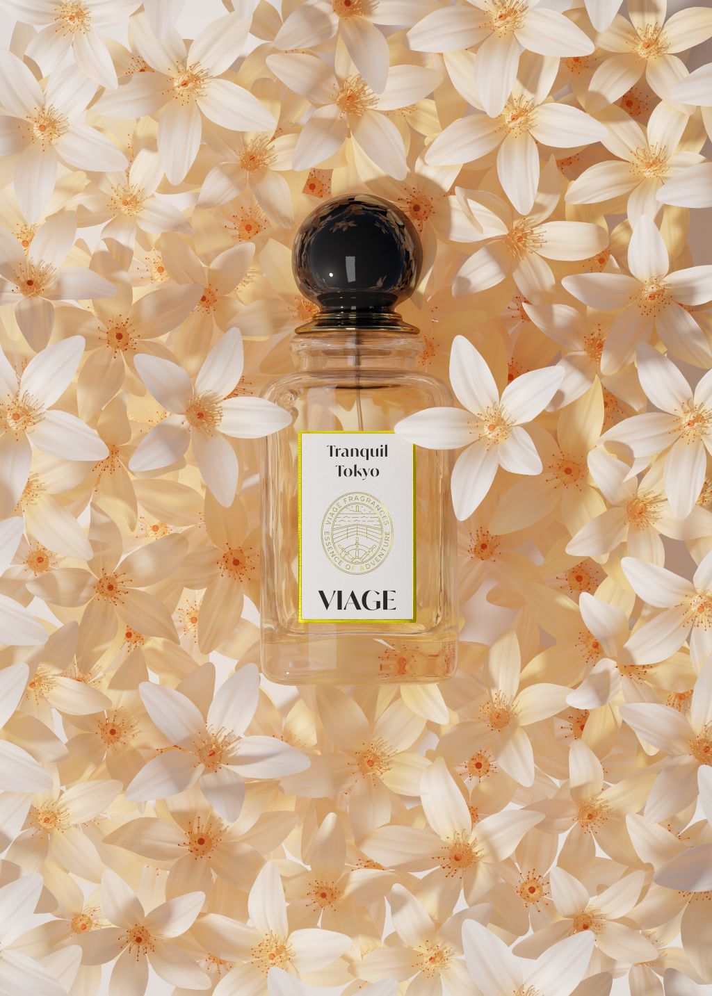 Viage Tranquil Tokyo Extrait de Parfum 100 ml – Flakon von oben auf einem Teppich aus weissen Blüten