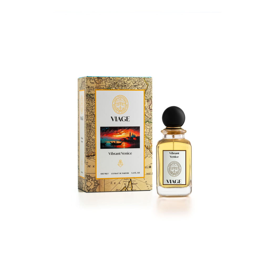 Viage Vibrant Venice Extrait de Parfum 100 ml – Flakon neben beiger Geschenkbox mit alter Landkarte und Gondel-Motiv