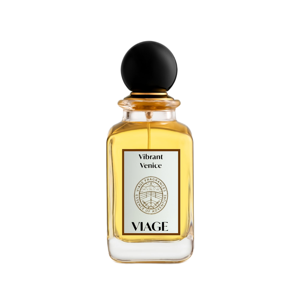 Viage Vibrant Venice Extrait de Parfum 100 ml – Klarer Flakon, goldgelber Duft, schwarze Kugelkappe, weisses Etikett, weisser Hintergrund