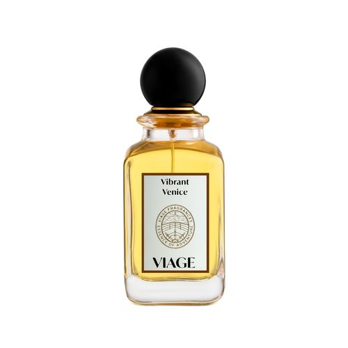 Viage Vibrant Venice Extrait de Parfum 100 ml – Klarer Flakon, goldgelber Duft, schwarze Kugelkappe, weisses Etikett, weisser Hintergrund